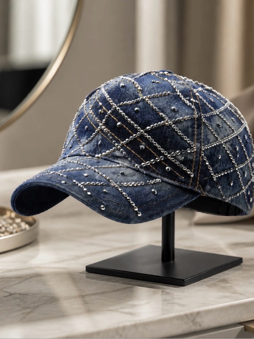 🌹XL Denim Rhinestone Studded Baseball Ladles Cap
